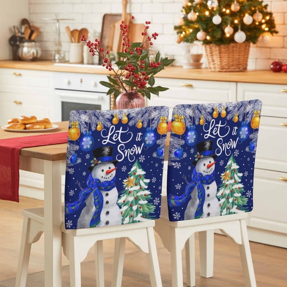 Dark Blue Christmas Snowman Chair Covers Set of 4 Pine Tree Xmas Balls Holly Snowing Chair Back Covers Stretch Removable Washable Slipcovers Protector for Dining Room Kitchen Party Decor