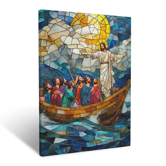 CozyNet A Vibrant Depiction Of Jesus Calming The Storm, With Disciples In Awe On The Boat Wall Art Prints With Frame Canvas Perfect for Living Room & Bedroom, Ready to Hang, Wall Decor 12"x16"