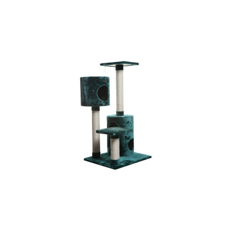 Cat Tree Condo - 3 Level House with 2 Playhouses & Perches - Dark Green Faux Fur