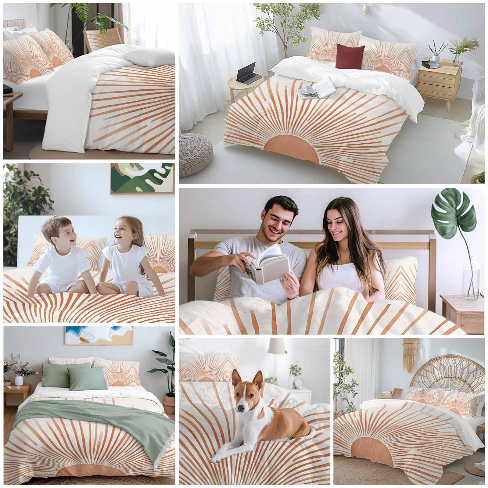 Boho Abstract Sun Bedding 3 Piece Duvet Cover Set Queen Size, Modern Beige Sun Light Lines Soft Microfiber Comforter Cover with Zipper Closure & Pillowcases, Wrinkle & FadeResistant Quilt Cover