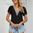 thumbnail image 6 of tklpehg Summer Tops Short Sleeve Shirts for Women Solid Color Tops Graphic Tees Loose Fit V- Neck Crochet Lace Trim Leisure Comfy Lightweight Shirts Black S, 6 of 8