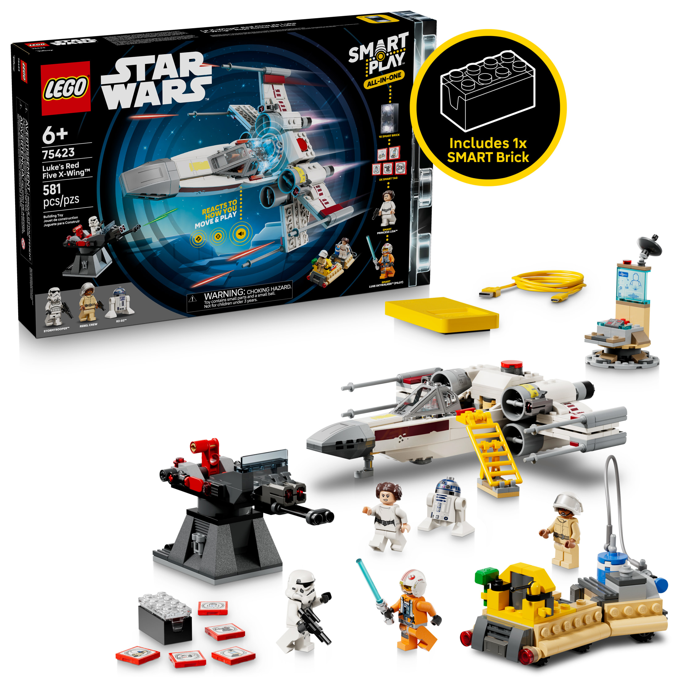 LEGO Star Wars SMART Play: Luke’s Red Five X-Wing Interactive Building Toy - All-In-One Set - Reacts to How You Move and Play with a SMART Brick - Gift for Boys, Girls, Kids Ages 6+ - 75423