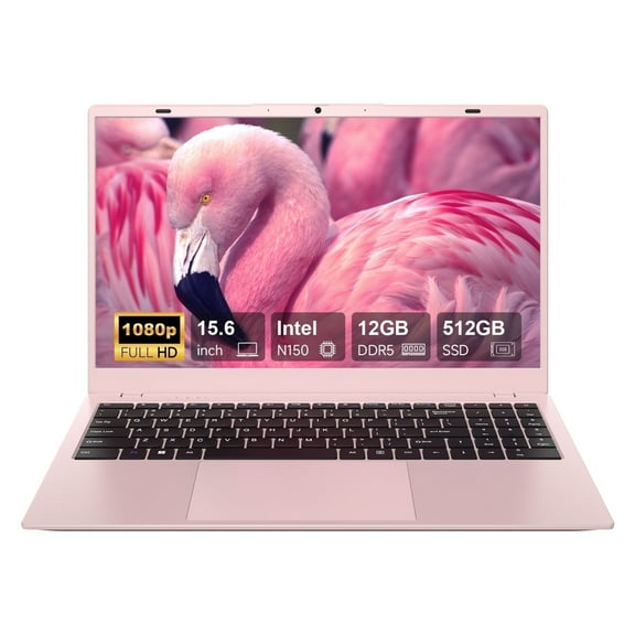 RNRUO 15.6" Windonws 11 Laptop, 12GB DDR5 512G SSD, Up to 3.6GHz Intel N150 Quad-Core, Office 2024 Fingerprint Backlit KB WiFi 6 BT 5.2, 1080 FHD Display for Student, Business, Home Office, Pink