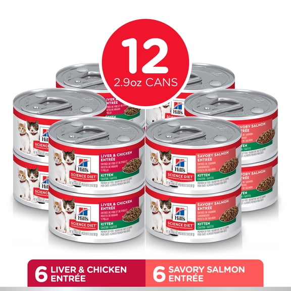 Hill's Science Diet Kitten Canned Cat Food Variety Pack, Liver & Chicken and Savory Salmon, 2.9 oz, 12 Pack wet cat food