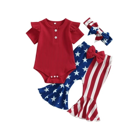 

Baby Girl Clothing Set Ruffle Sleeve T-Shirt Romper Stars and Stripes Bell Bottoms Set 4th of July Outfit
