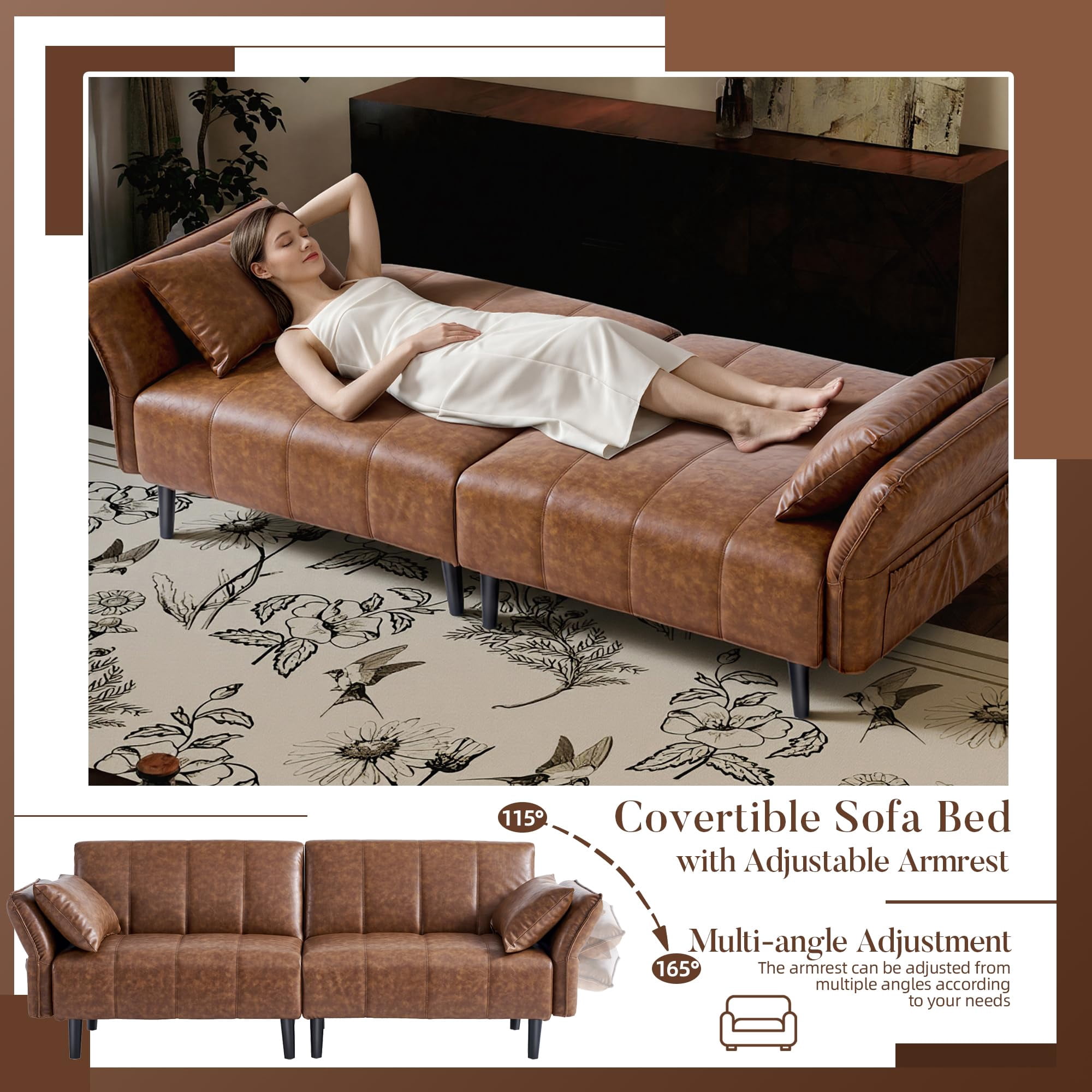 83" Faux Leather Sofa,Mid Century Modern Convertible Futon Sofa Bed Loveseat with Adjustable Armrest and Backrest,2 Pillows for Living Room,Office,Brown