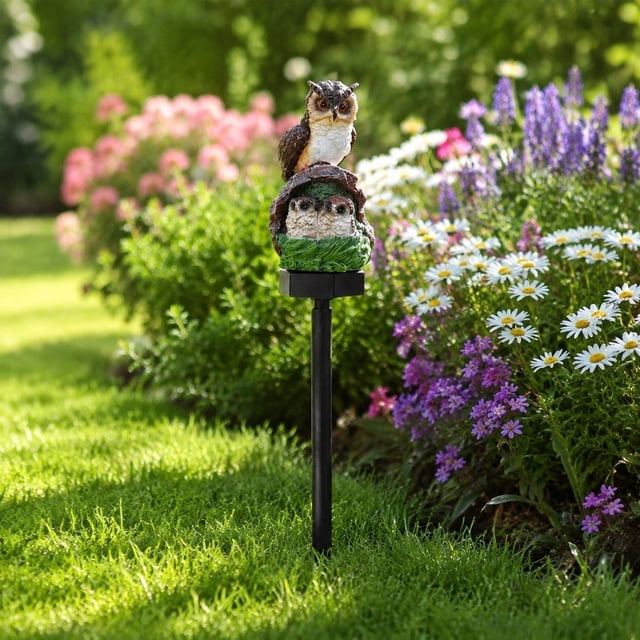 Statue de Jardin Hibou d'Extérieur à Énergie Solaire avec Lumière DEL, Piquet de Sol en Résine Multicolore, Déco de Cour Résistante aux Intempéries pour Patio, Jardin et Aménagement Paysager, 41 cm de Hauteur