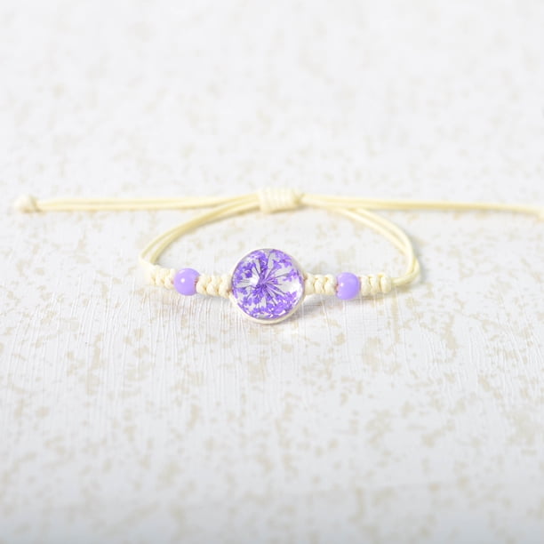 Nvzi Pulsera de flores hecha a mano - Pulsera de resina, pulsera ajustable, pulsera de flores - 2 piezas, púrpura