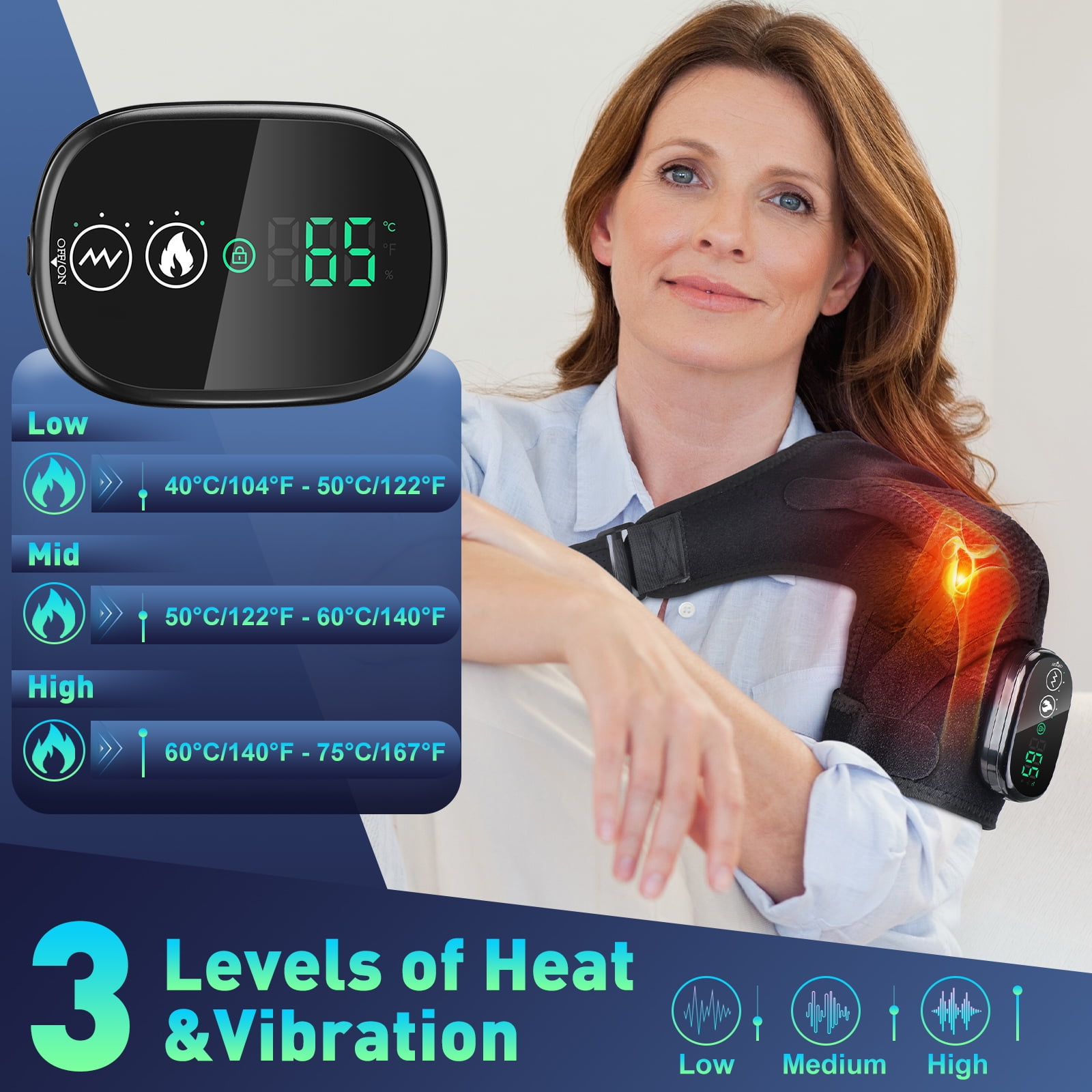 Heating Vibration Massage Shoulder Pad With Digital Display Controller 3-Speed Heating 3-speed Vibration Massage Portable Shoulder Massage Equipment Relieve Shoulder and Neck Pain USB Charging, Black