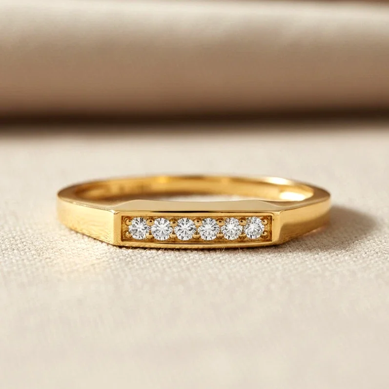 Tilo Jewelry 14K Yellow Gold .06 Carat Diamond Pave Slim Signet Band Ring | Size 5 | Lab Grown Diamond Ring for Women & Unisex