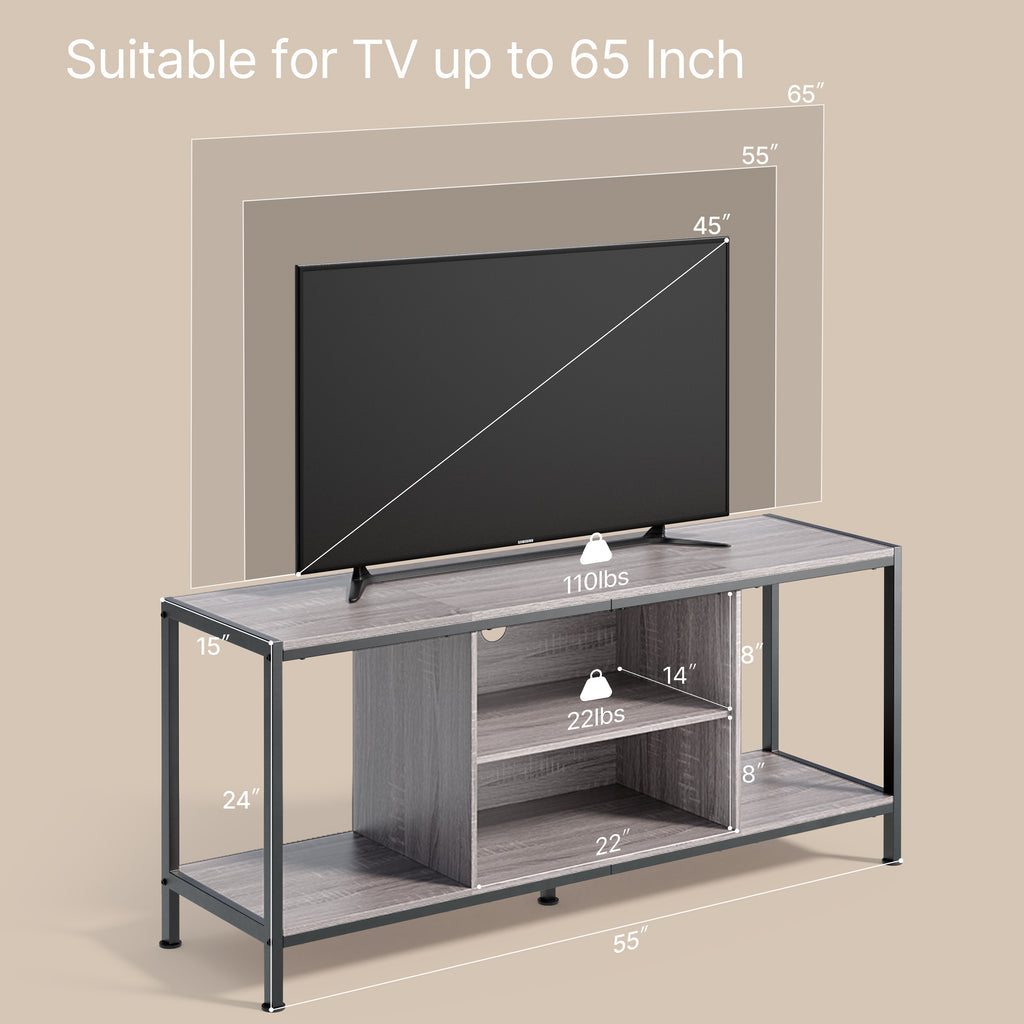 Aiho Mid-Century Wooden TV Stand for TVs up to 65" with Open Storage Shelves and Metal Frame - Gray