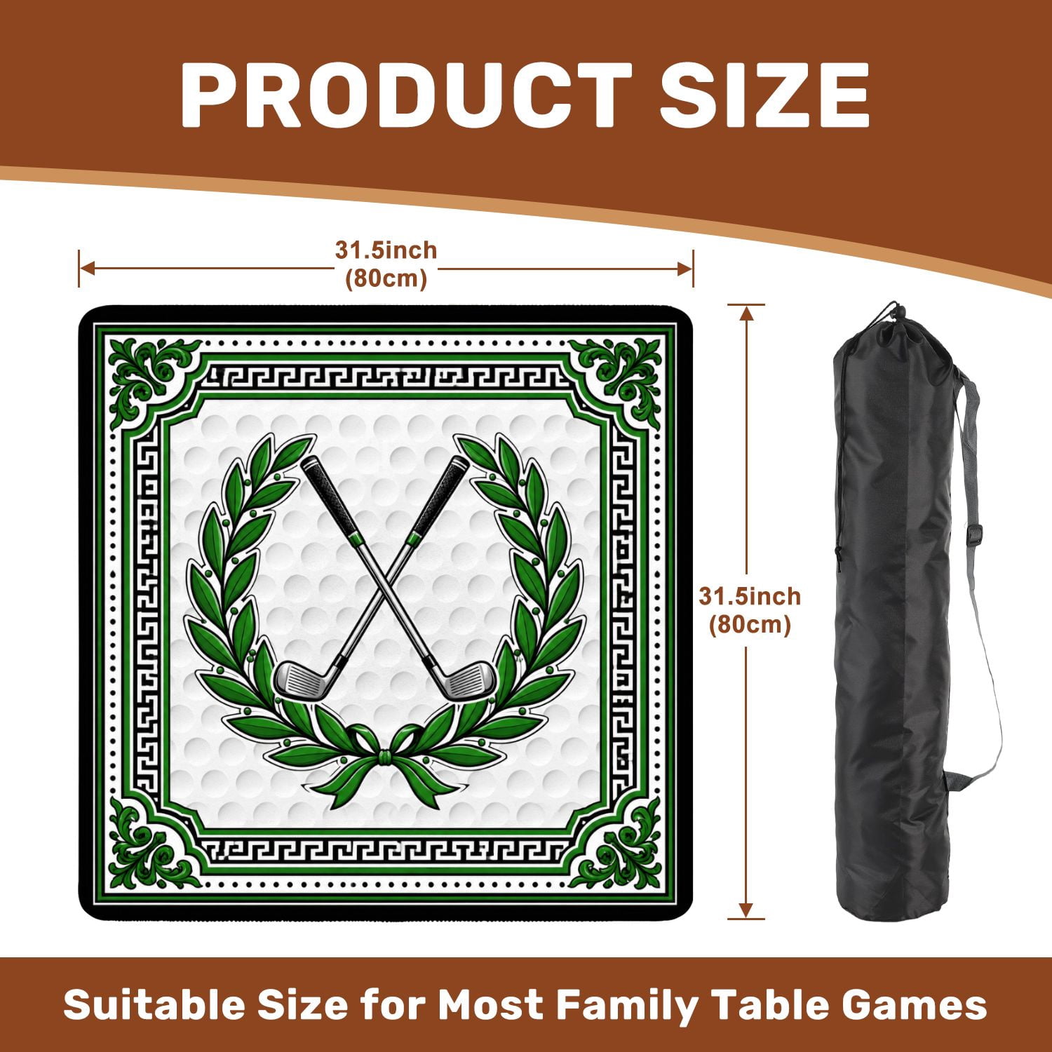 Mahjong Mat 31.5" x 31.5" Crossed Golf Clubs Green Laurel Wreath Golf Ball Decorative Border Non-Slip Noise Reduction American Mahjong Tiles Table Cover for Dominoes Poker Card Board Games Gift