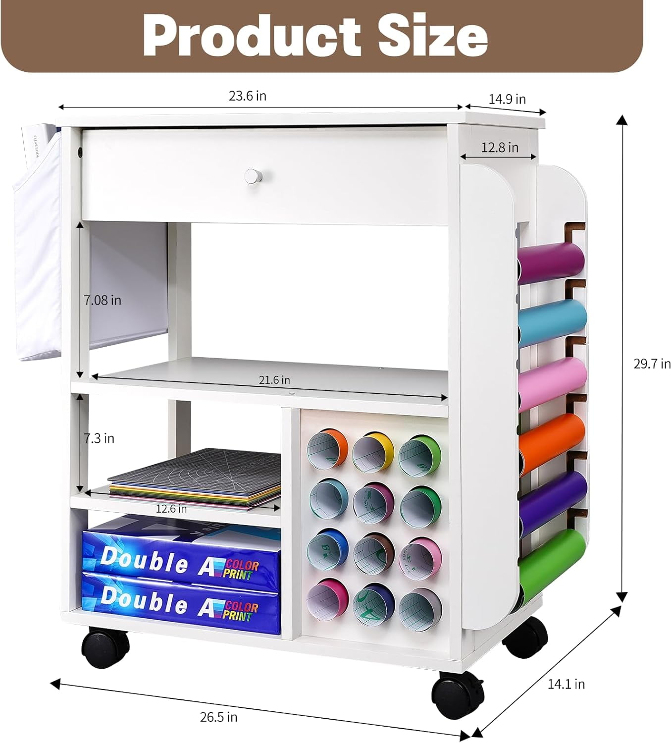 POCHAR Craft Storage Rolling Cart with 18 Vinyl Roll Holder and Drawer for Cricut Craft Workstation