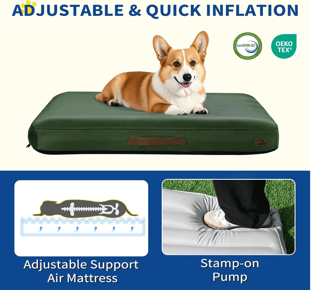 Outdoor Inflatable Dog Bed for Small Dogs, Winter Outdoor Travel Dogs Met with Removeable Cover, Inflated Dog Bed Waterproof Summer Pet Mat with Anti-Slip Bottom, Army Green, 36x27 inch