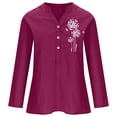 thumbnail image 3 of qILAKOG Womens Casual Button Down Blouses V Neck Long Sleeve Graphic Tops Cute Relaxed Fit Shirts Tunic Tops for Women Cotton And Linen Tops Blouses Casual T-Shirt, Wine&XXXL, 3 of 4