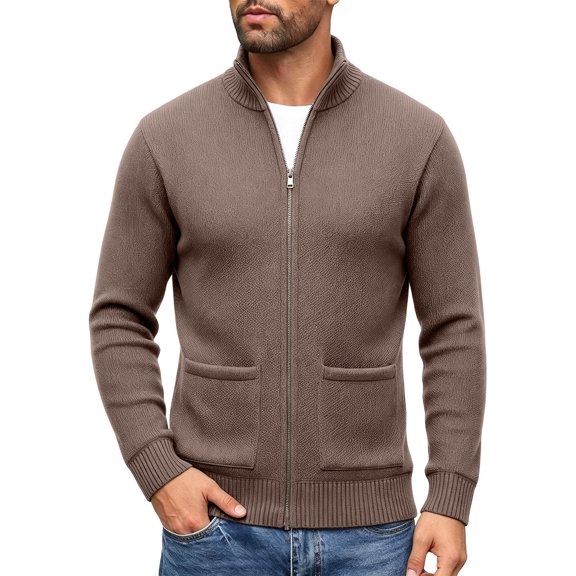 hoksml Men's Full Zip Knit Cardigan Stand Collar Long Sleeve Casual Soft Lightweight Sweater Jacket for Daily Comfort