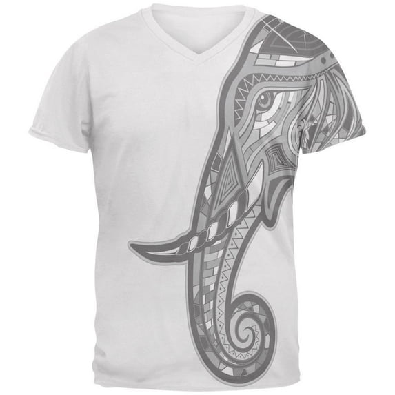 Tribal Mosaic Elephant Mens Soft V-Neck T Shirt Heather White MD