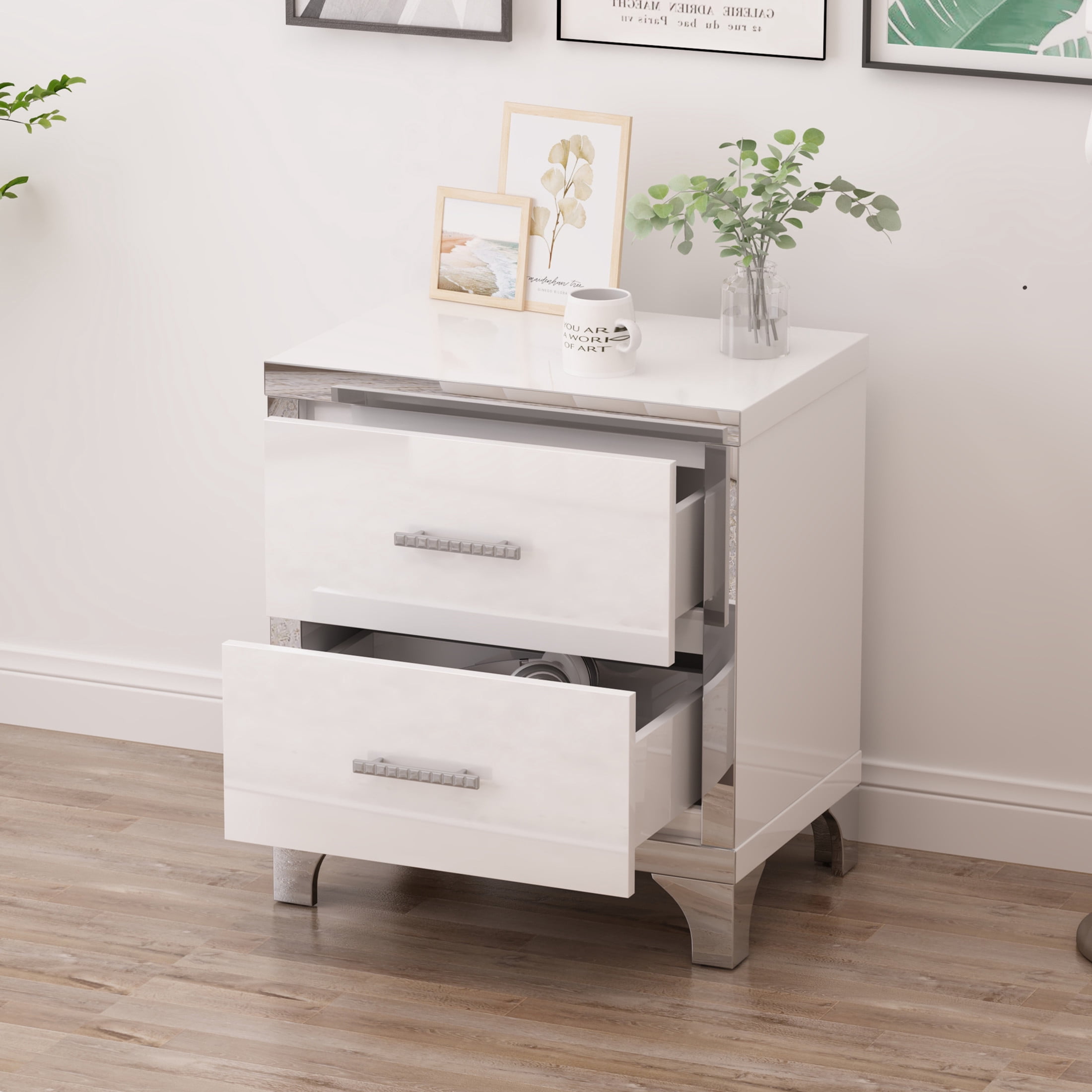 Noble House High Gloss Nightstand with 2 Drawers, Metal Handles and Legs, White