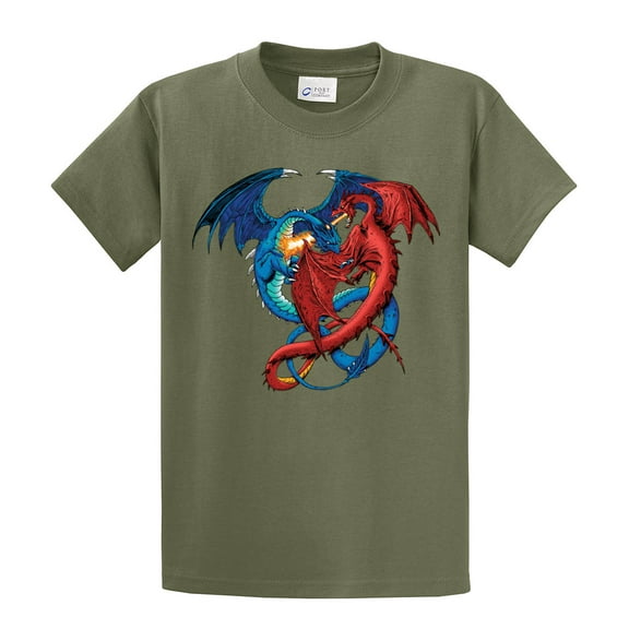 Dragon Red and Blue Dragons Fighting Fantasy Mythical Mother Draco Fire Breathing Serpent -Military-Large