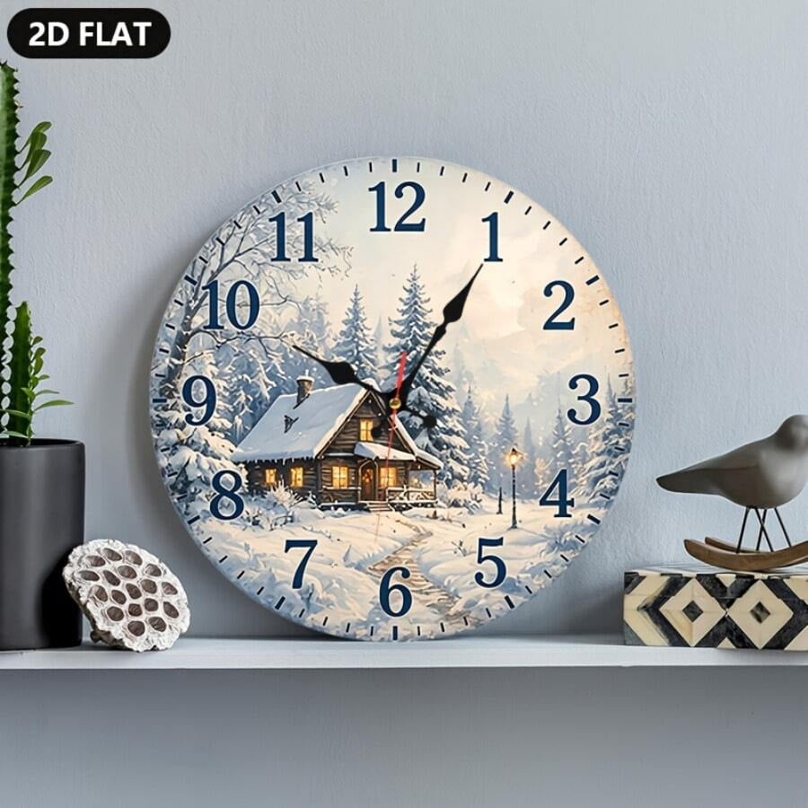 Silent Non-Ticking Round Wall Clock, Winter Snowy Log Cabin Wall Clock, Rustic Pine Forest Cottage Scene Decorative Hanging Clock for Living Room Bedroom Farmhouse Christmas Decor