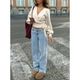 thumbnail image 5 of Women'S V Neck Wrap Sweater Long Lantern Sleeve Cinched Waist Crop Tops Fall Knitwear Wheat Color M, 5 of 9