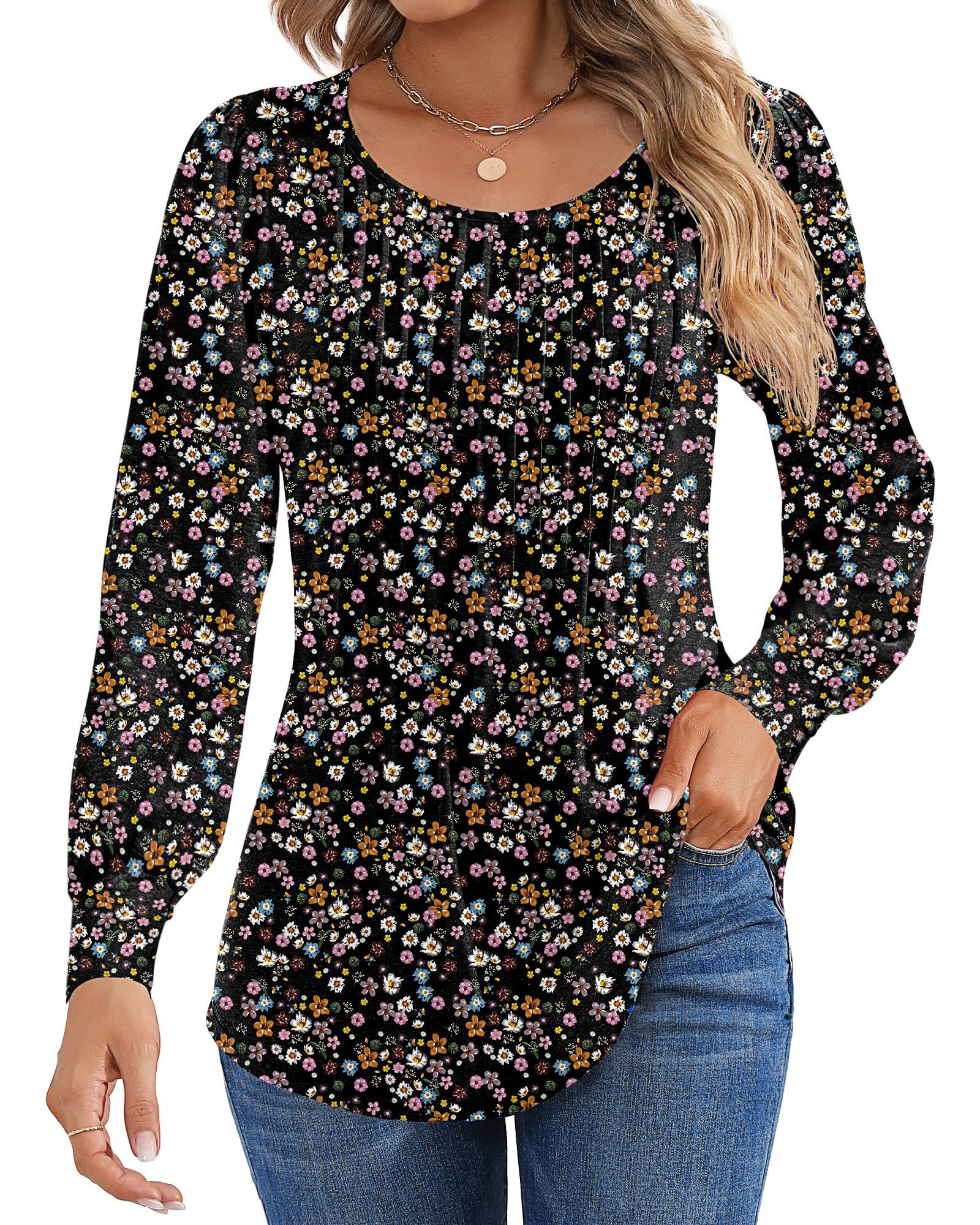 Shine Up Floral Blouses for Women Pleated Long Sleeve Shirts Casual Crewneck Tunic Tops