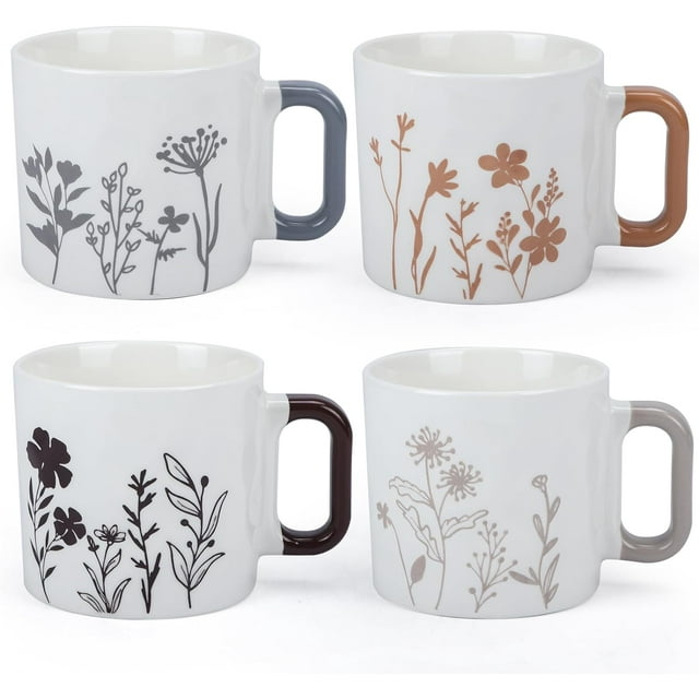 Coffee Mugs Set of 4, 14.8oz Ceramic Coffee Cups, Large Coffee Mug Cups with Handle for Latte, Tea, Cocoa, Milk, Juice, White Mugs with Assorted Flora Patterns