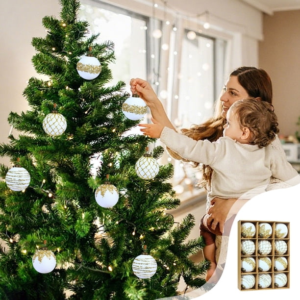 Juego de Doce Bolas Navideñas Flocadas de 8 Cm para Colgar, de Plástico Brillante, para Árbol de Navidad.