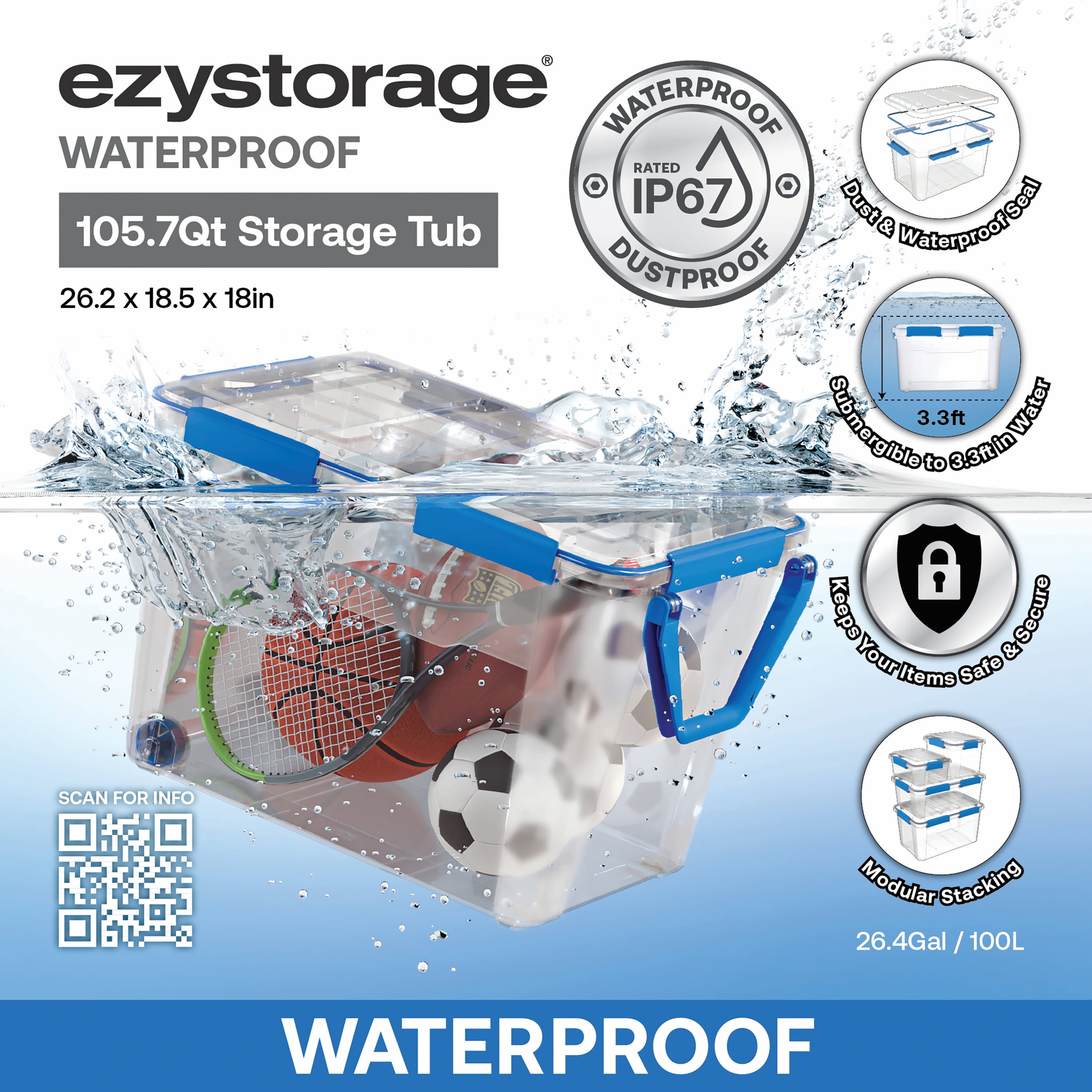 4 Pack - Ezy Storage Waterproof 26.4Gal/105.7Qt/100L Storage Box IP67