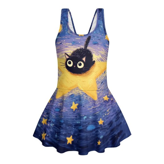 Renewold Girls Swim Dress 1 Piece with Short Bathing Suit for Girl U Neck Cute Stretch Swimsuit for Beach Party Breathable Lightweight Girls’ Swimwear Size 3-4, Cartoon Cat Star Lake Print