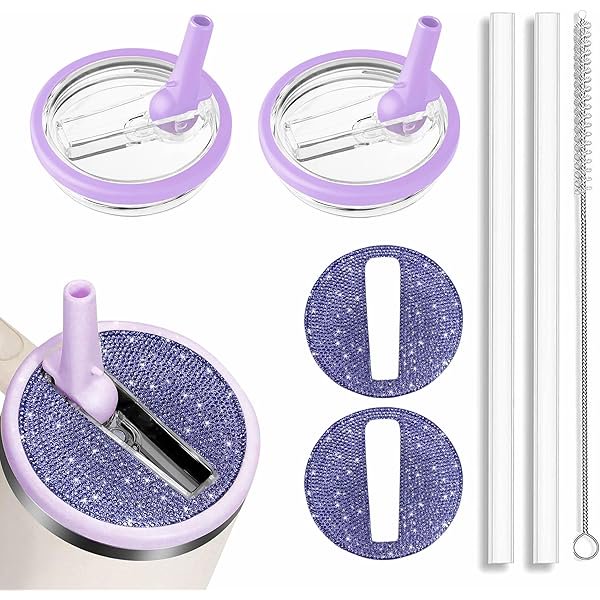wonima44 2pcs Rhinestone Flip Straw Lids Replacement for Stanley 40 oz Tumbler, Includes 2 Straws & 1 Straw Cleaning Brush, Foldable Leakproof Sparkling Lids Fit Stanley Quencher H2.0 (Purple)