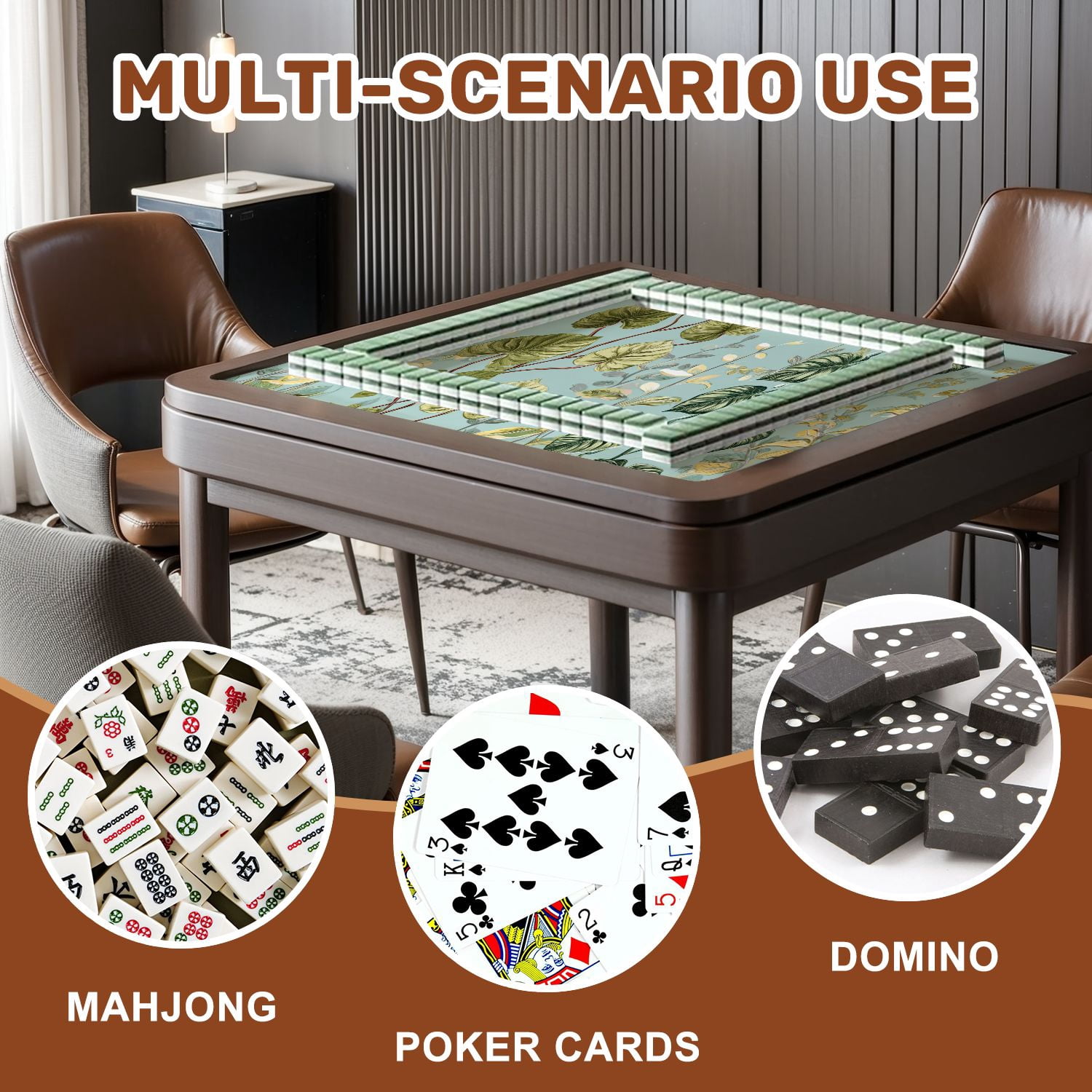 Mahjong Mat 31.5" x 31.5" Floral seamless green black white split leaf Philodendron Non-Slip Noise Reduction American Mahjong Tiles Table Cover for Dominoes Poker Card Board Games Gift