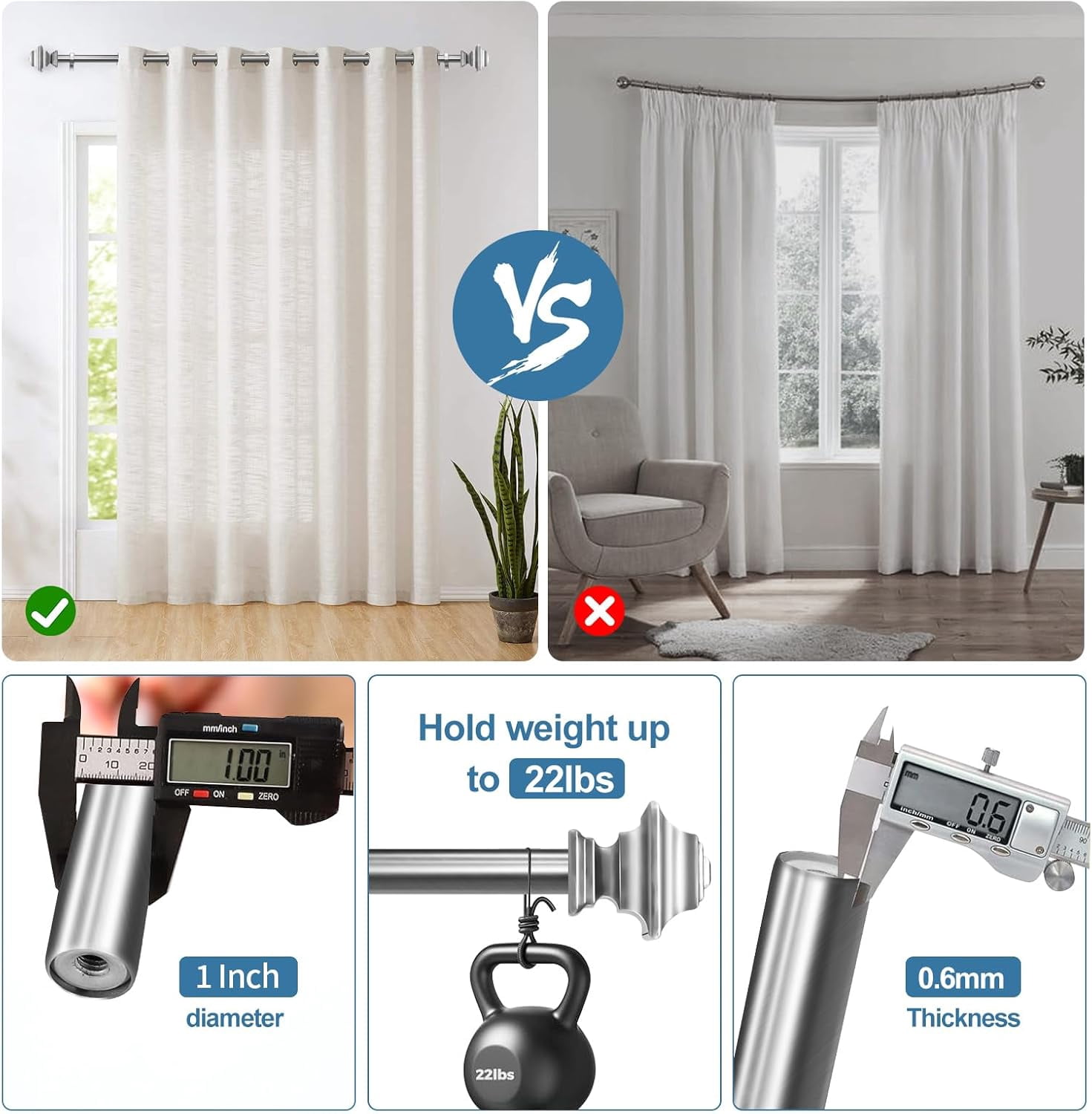 Urbanest Adjustable Double Curtain Rod Set Pila Flat Button Finials – 1″ Front & 5/8 Back Rod With Brushed Steel Rod, 28–48 Inches