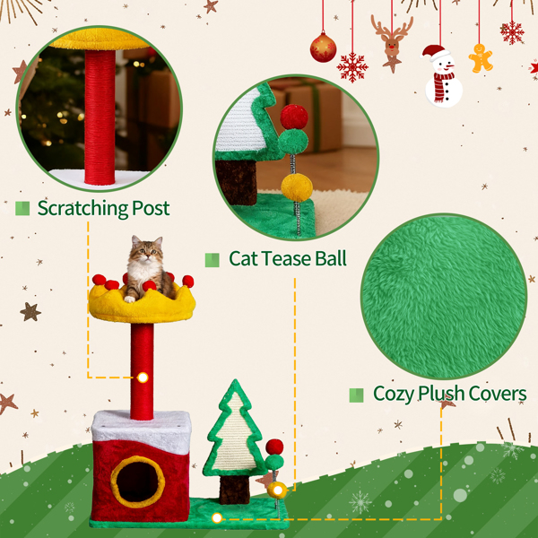 29.5in Christmas-Themed Plush Cat Tree - Compact 5-in-1 Design, for Small Spaces & Indoor Cats