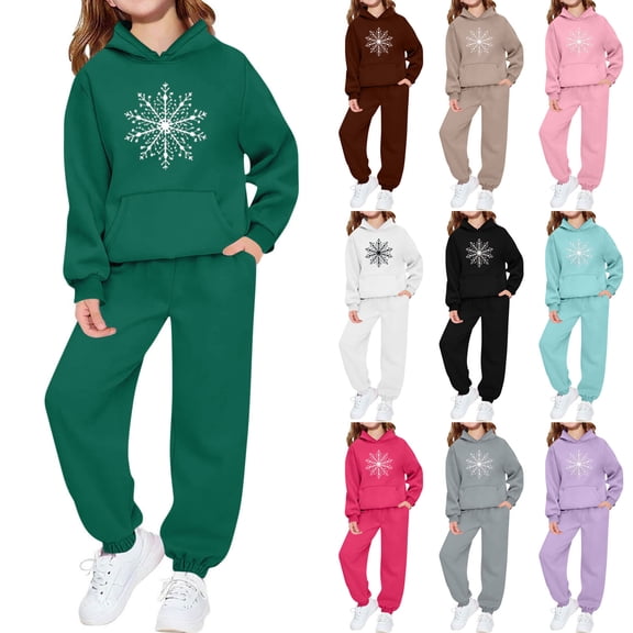 Eltusu Girls Winter Outfit Sets, Graphic Long Sleeve Warm Elastic Waist Hoodies and Sweatpants Sets Green Size 2-13T