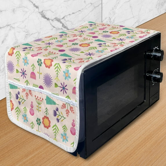 Floral Microwave Oven Cover, Abstract Illustration of Flat Design Colorful Flowers with Leaves, Water Resistant Organizer with Pockets for Kitchen, 36" x 12", Pale Peach and Multicolor, by Ambesonne
