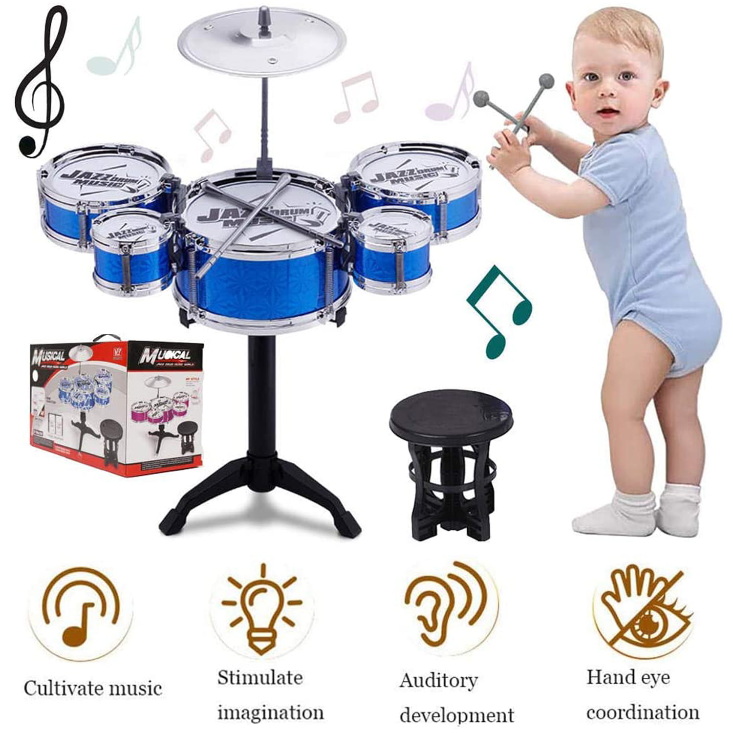 5-Piece Kids Drums Set Junior Kit Simulation Jazz Drum Musical Instrument Toys 