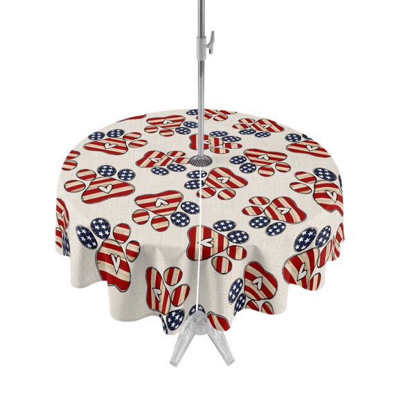 Outdoor Tablecloth with Umbrella Hole Zipper 4 of July Round Tablecloth 60" Waterproof Outside Table Cloth Red Stripes USA Flag Vintage Dog Paw Print Patio Table Cover Tablecloths for Picnic Party