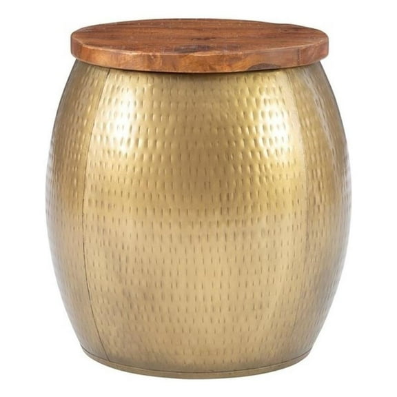 Allora Metal and Wood Drum Side Table with Storage in Gold Finish