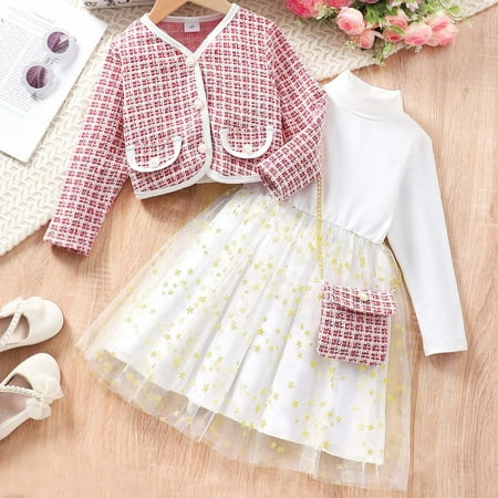 SDNall Dress Set for Girls Small and Medium-Sized Girls Solid Color High-Neck Mesh Dress + Long-Sleeved Plaid Jacket Set with Crossbody Bag  Sizes2-7 Years