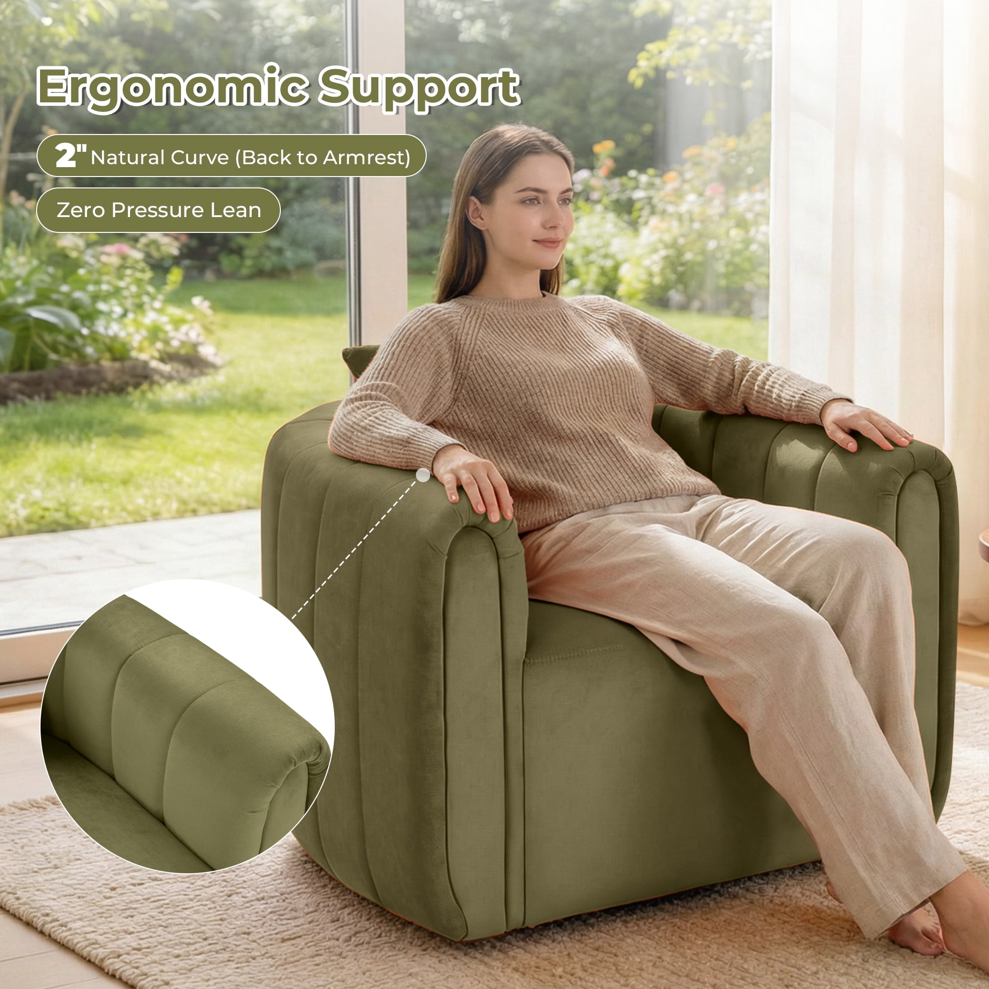 Ebello  Swivel Accent Chair, Modern Velvet Living Room Chair with Pillow, Barrel Chair for Bedroom & Reading Corner (Green，1 Pack，Fully Assembled )