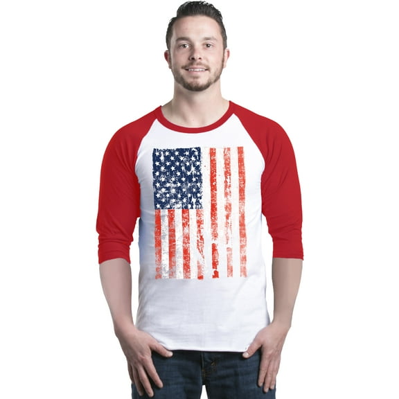 Shop4Ever Men's United States of America Flag USA 4th of July Raglan Baseball Shirt X-Large White/Red