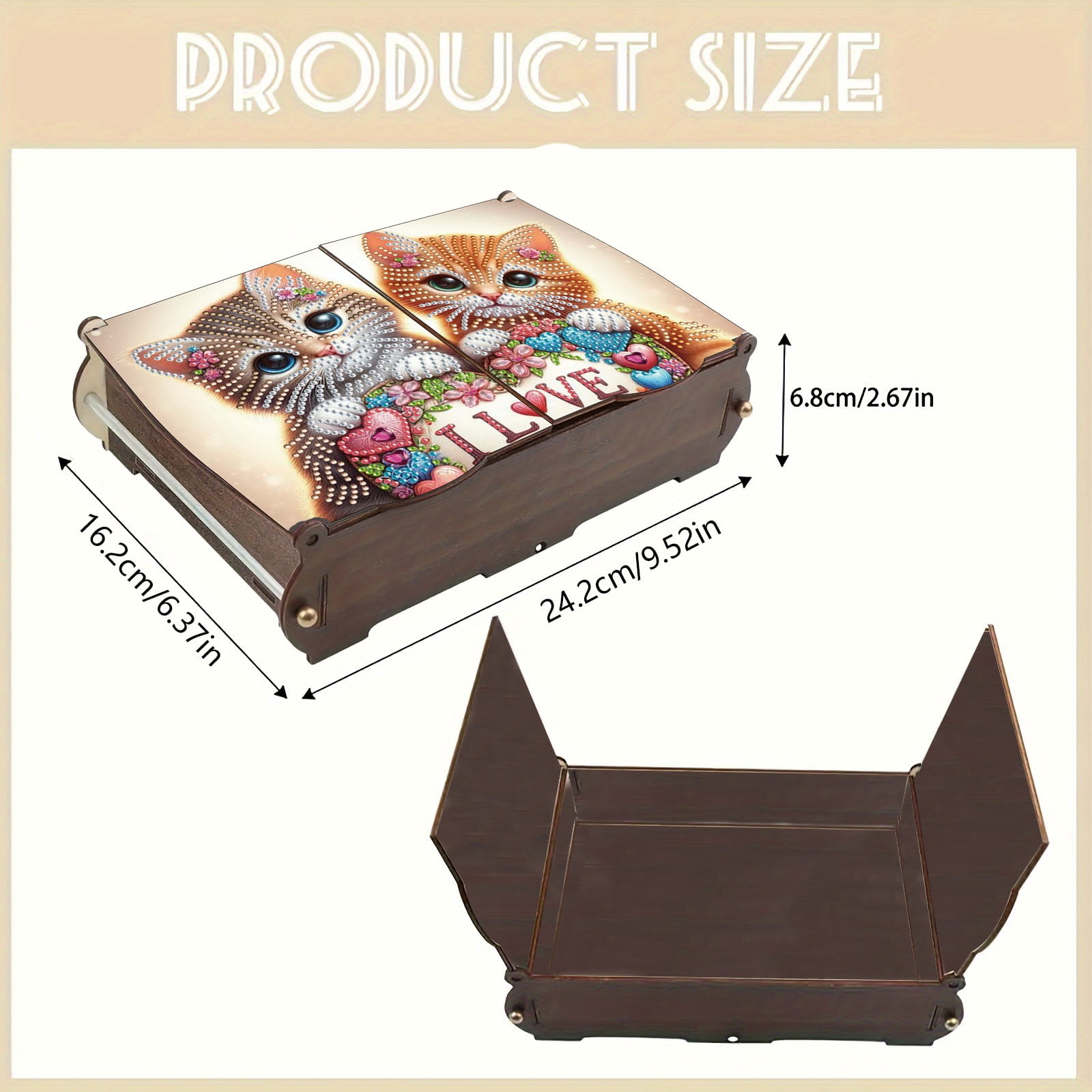 FLOPESN DIY Diamond Art Painting Jewelry Box,Creative Design Wooden Lid Rectangular Storage Case for Home Decor-Cat-1