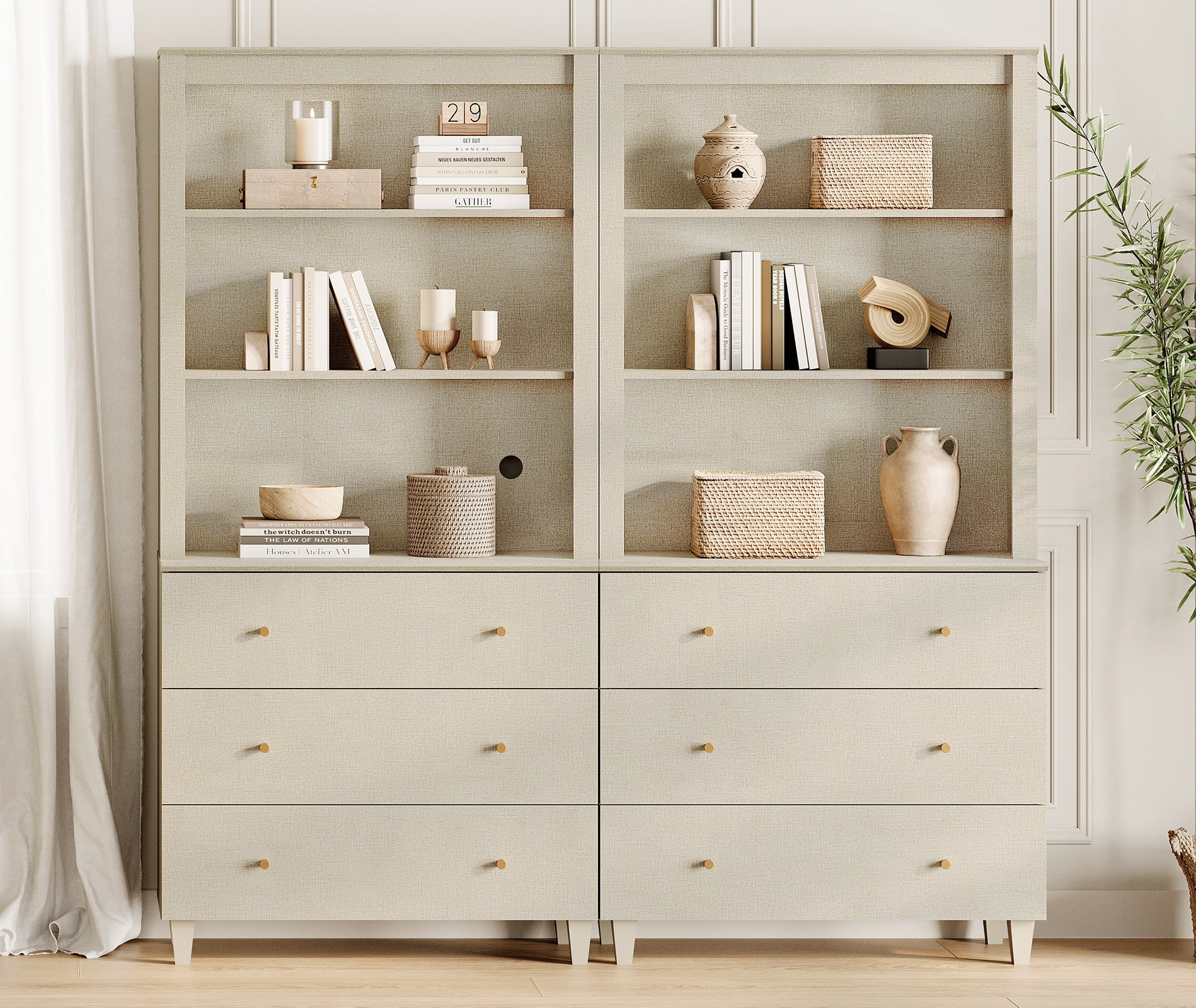 Modern 71" Tall Bookcase with 6 Drawers, 2 Columns 3-Tier for Home Office,Beige Linen Printed
