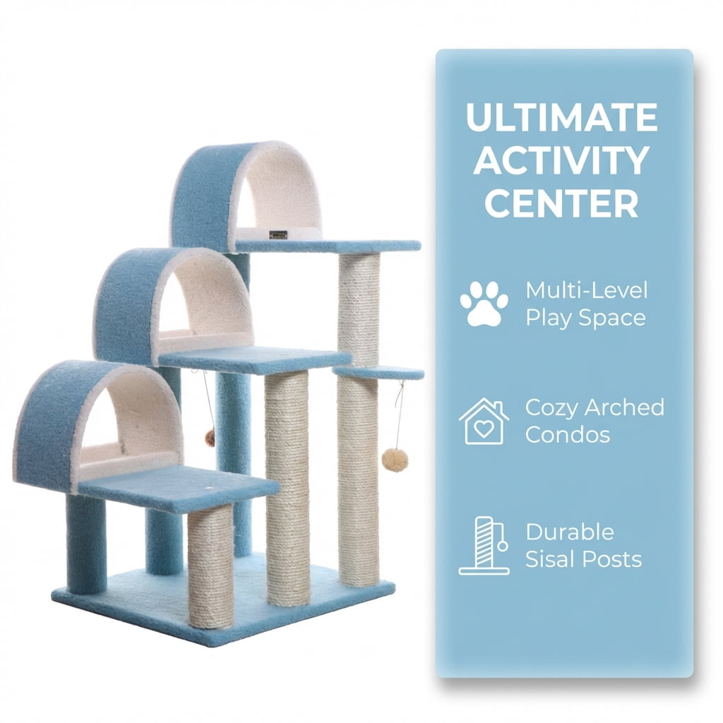 Multi-Level Cat Tree with Sisal Scratching Posts, Blue and Beige, 31x20x38 Inches, 3 Arched Condos, Hanging Toy Ball
