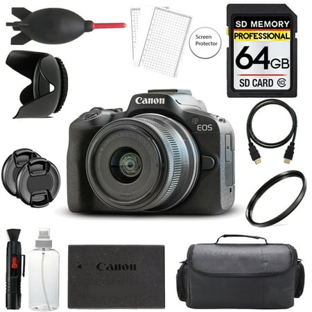 Canon EOS R50 Mirrorless Camera with 18-45mm Lens (Black) + 64GB + Bag+ UV Filter- Basic Kit