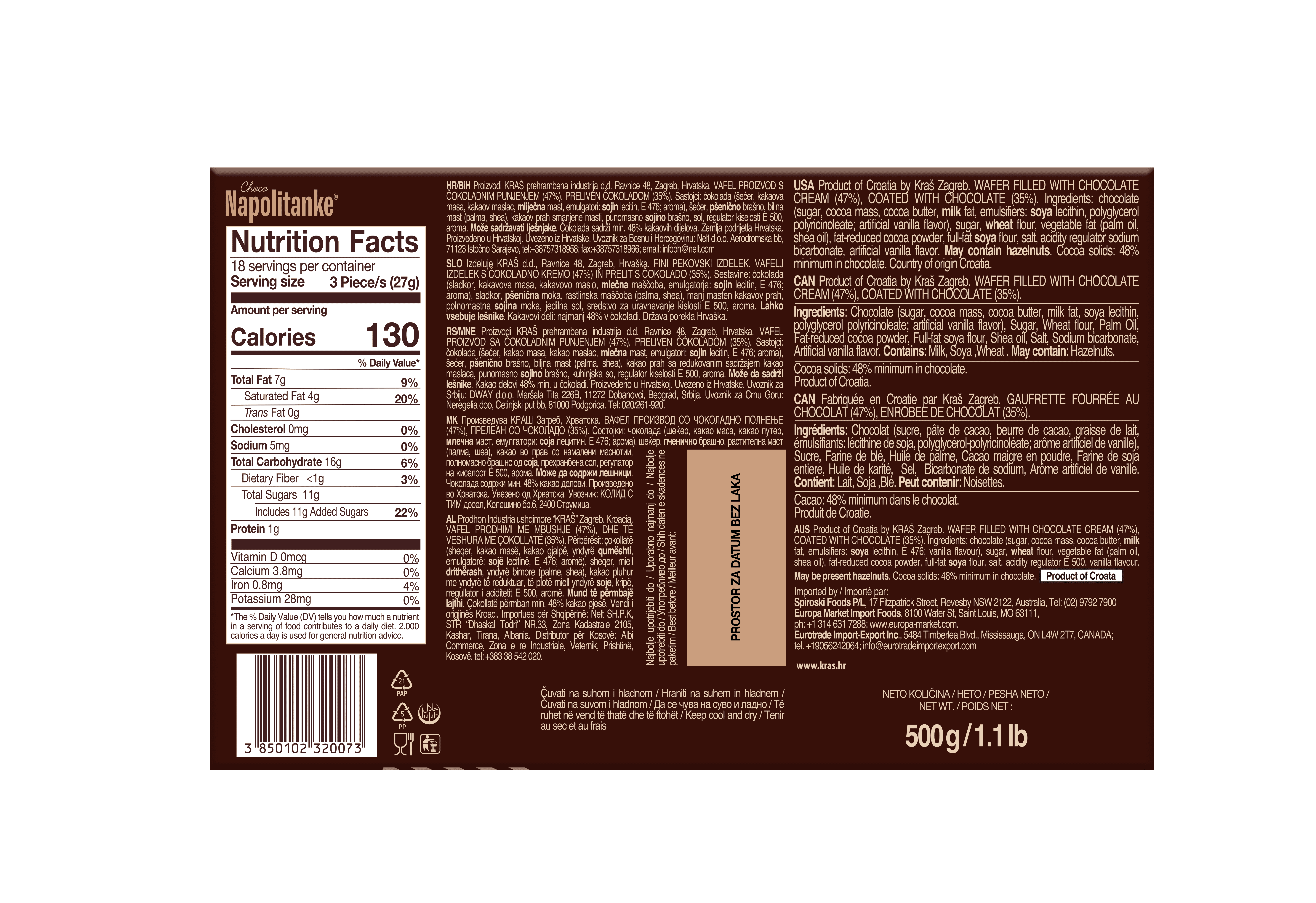 (3 pack) Kras Napolitanke Chocolate Wafers, 500g