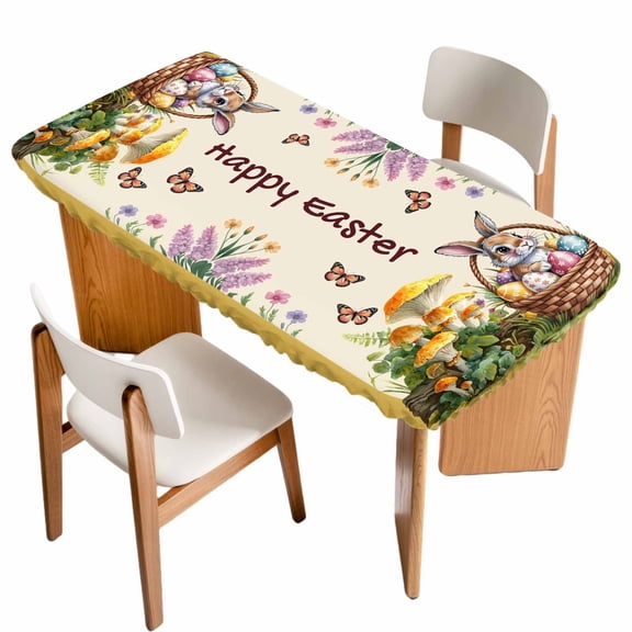 Happy Easter Table Cloths for 4 Foot Rectangle Tables, Rabbit Eggs Spring Mushrooms Flowers Yellow Patio Waterproof Elastic Fitted Tablecloths, Washable Rectangular Table Cover for Camping