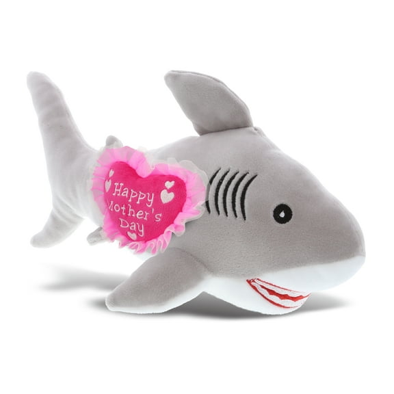 DolliBu Happy Mother's Day Baby Soft Plush Grey Shark Plush Figure - Cute Stuffed Animal with Pink Heart Message for Best Mommy, Grandma, Wife, Daughter - Cute Wild Life Plush Toy Gift - 12" Inches