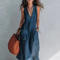 thumbnail image 3 of Morttic Women's Solid Color Sleeveless Deep V Jumpsuit – Loose Wide Leg Double Pockets Flowy Boho Beach Vacation Romper Blue，S, 3 of 4